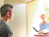 Attractive gay hunk Brock Landon pounds blonde twink Evan
